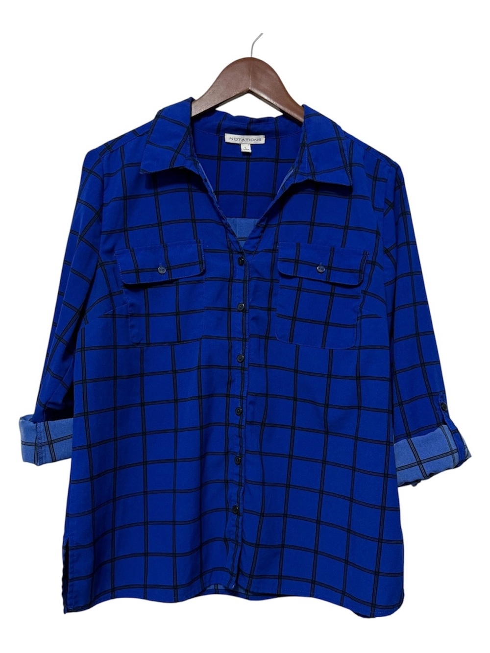 Notations Roll Tab Collared Button Up Shirt Women’s Large Cobalt Blue Windowpane